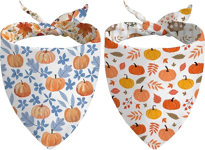 Fall Dog Bandana Reversible 2 Pack, Cute Autumn Pumpkin Leaves Fall Pet Bandanas Set Adjustable Triangle Holiday Scarves for Medium Large Extra Large Boy Girl Dogs