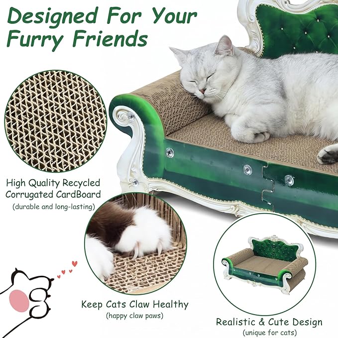 Luxury Cardboard Cat Scratcher Sofa Bed, Couch Shaped Cat Scratching Board, Cat Scratch Lounge with Catnip, Cat Scratcher for Indoor Cats (Green Crown)
