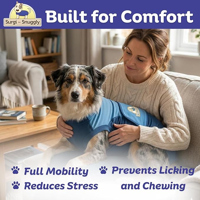 Surgi Snuggly Dog Surgery Recovery Suit - Dog Onesie for Post Surgery Recovery, Female Spay & Male Neuter - Surgical Suit for Dogs, E-Collar Cone Alternative, Double Blue - Large Short - 16"-20" (EC)
