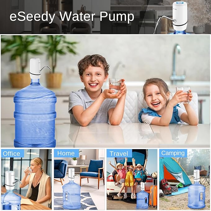 Water Pump for 5 Gallon Bottle, USB Charging Automatic Water Dispenser with Rechargeable Battery, Portable Electric Drinking Water Jug Pump for Home, Kitchen, Living Room, Office, Camping - White