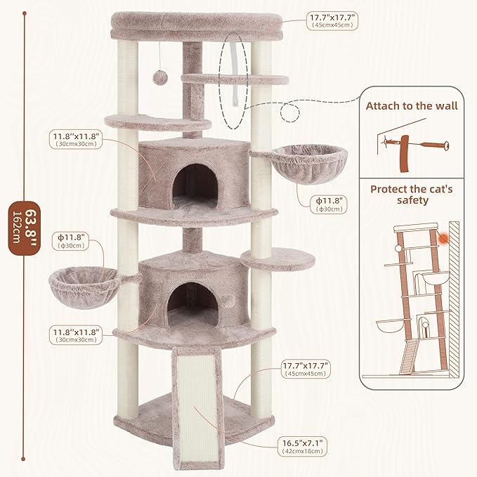 Gitelsnour Corner Cat Tree for Indoor Cats, Cat Tower with All Sisal Scratching Posts, Multi-Level Cat Condo wth 2 Large Cat Caves, Big Top Perch, 2 Hanging Baskets, Sisal Ramp, Mushroom GCT035MU