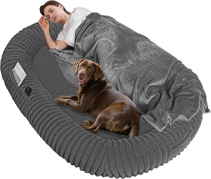 Human Dog Bed for Adult, Reversible Orthopedic Gel Memory Foam Cushion, Washable Corduroy Fleece, Plump Edge with Blanket, Storage Pocket, Strap, 71"x47.2"x9", Extra Large, Medium Grey