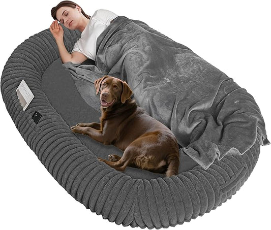 Human Dog Bed for Adult, Reversible Orthopedic Gel Memory Foam Cushion, Washable Corduroy Fleece, Plump Edge with Blanket, Storage Pocket, Strap, 71"x47.2"x9", Extra Large, Medium Grey