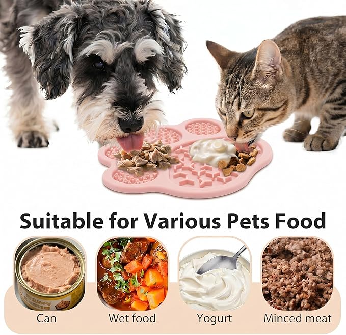 Lick Mat for Dogs and Cats, Slow Feeder Mats with Suction Cups - Bathing, Grooming and Training, Anxiety Relief Feeding Pad,Dishwasher-Safe (PBW03-Pink-paw)