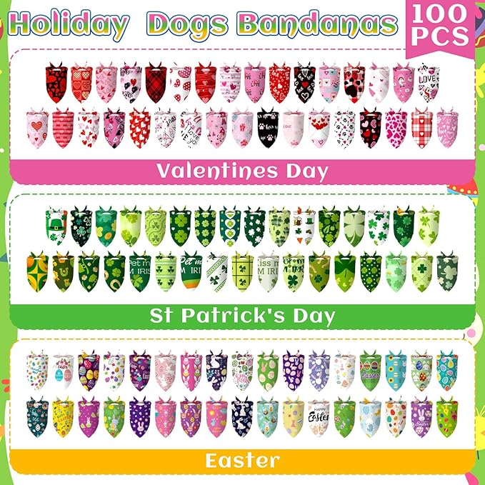 Huhumy 100 Pcs Easter Seasonal Dog Bandanas Easter Valentines Day St. Patrick's Day Theme Pet Bandanas Bulk Holiday Triangle Pet Bibs Scarf for Medium Large Dog Spring Festival Costume Decor