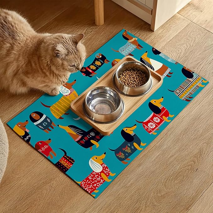 HOMETITUTE Dachshund Dog Design 24x16 inch Non Slip Dog Food Mat Pet Bowl Placemat for Food and Water Small Dog Bowl Mats Cat Food Mat Easy to Clean Feeding Mats for Small Pets Cute