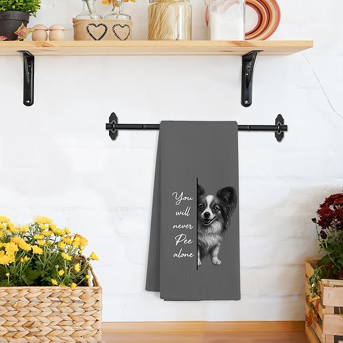 Funny Papillon Dog Hand Towels for Bathroom, Ou Will Never Pee Alone Hand Towels, Dogs Themed Dish Tea Towel for Kitchen Bathroom Decor, Papillon Dog Gifts for Women Men Dogs Lovers, 16x24 Inch
