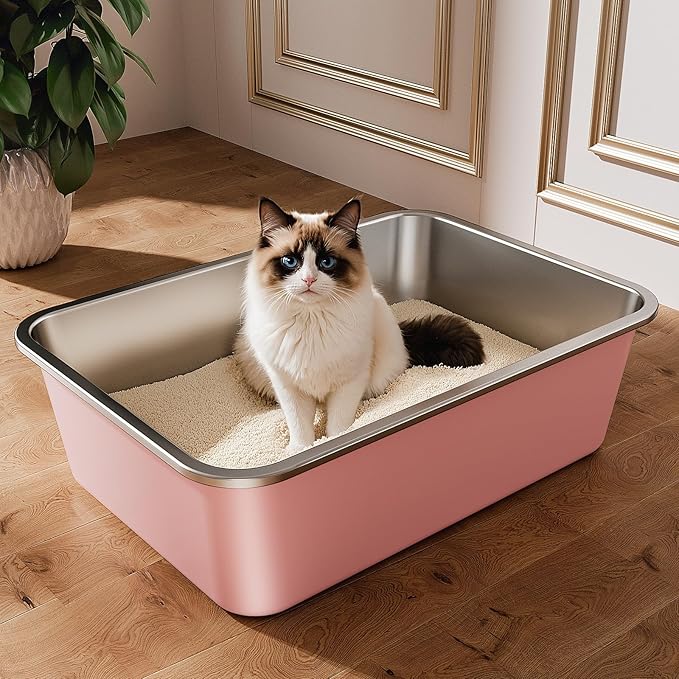 Qiuma Stainless Steel Litter Box, Large Metal Cat Litter Box with High Sided for Big and Small Cats, Non-Stick, Easy to Clean, Odor-Free, 19.5" L×13.6" W×5.9" H, Blush Pink