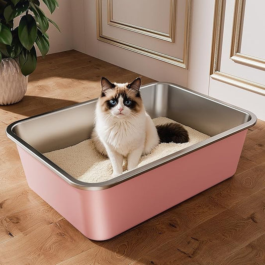 Qiuma Stainless Steel Litter Box, Large Metal Cat Litter Box with High Sided for Big and Small Cats, Non-Stick, Easy to Clean, Odor-Free, 19.5" L×13.6" W×5.9" H, Blush Pink