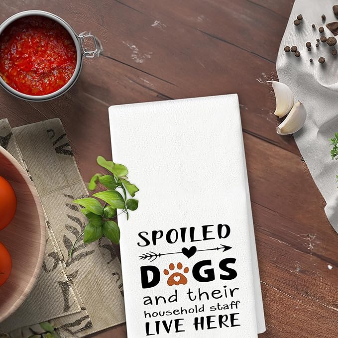 Funny Dog Kitchen Towels - Dog Mom Gifts for Women Dog Lovers, Dog Kitchen Decor, Spoiled Dogs and Their Household Staff Live Here Funny Dish Towels for Kitchen 16x24