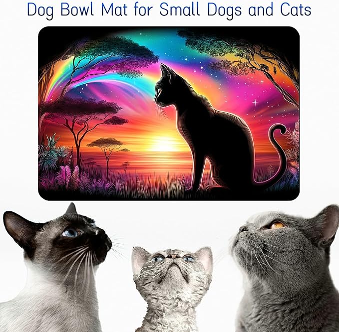 Dog Food Mat, 19.6" x 23.6" Absorbent Pet Feeding Mat for Food and Water, Waterproof Diatom Mud Pet Placemat with Non-Slip Rubber Backing, Cat Bowl Mat for Floors - Sunset Cat Back View