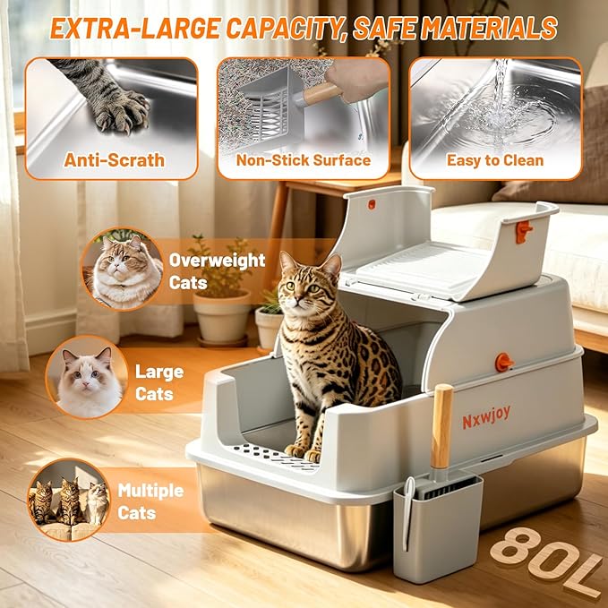 Stainless Steel Litter Box with Lid Cat Metal Litter Box Enclosure Covered Litter Box High Sided Extra Large Litter Boxes for Big Cats with Cat Litter Deodorizer Scoop Mat Grey