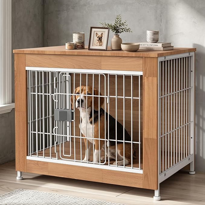 Wooden Dog Crate Furniture, 27in Dog Cage Furniture with Slide Safety Latch, Indoor Decorative End Table for High Anxiety Dogs, Furniture Style Dog Crate for Small to Medium Dogs, Oak