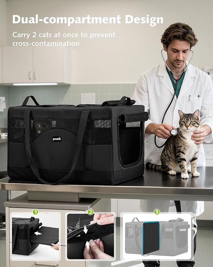 Pecute Dual Compartment Pet Carrier for Multi-Cat Families & Small Dog Owners, Collapsible Dog Crate with Reinforced Steel Frame, Car Safety Design for Travel, Vet Visits & Home Use, Dark Gray