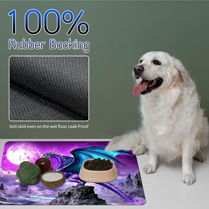 Dog Food Mat, 15.7" x 23.6" Absorbent Pet Feeding Mat for Food and Water, Waterproof Diatom Mud Pet Placemat with Non-Slip Rubber Backing, Cat Bowl Mat for Floors - Purple Moon Dragon