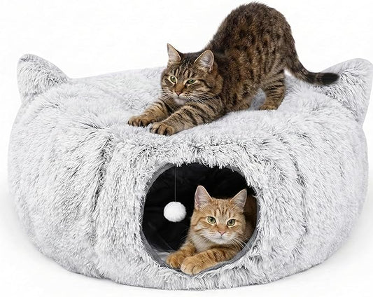 3-in-1 Cat Tunnel Bed – Cat Tunnels & Cat Beds for Indoor Cats with Catnip Toys – Cat Bed Cave & Peekaboo Cat Hideaway – Foldable Interactive Cat, Kitty & Kitten Toys