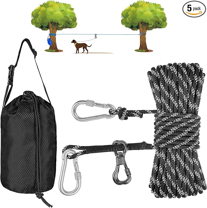 XiaZ Dog Camping Leash, 100ft Portable Overhead Trolley System for Dogs up to 200lbs, Dog Tie Out Cable, Camping, Parks, Outdoor Events,5 min Set-up,Black