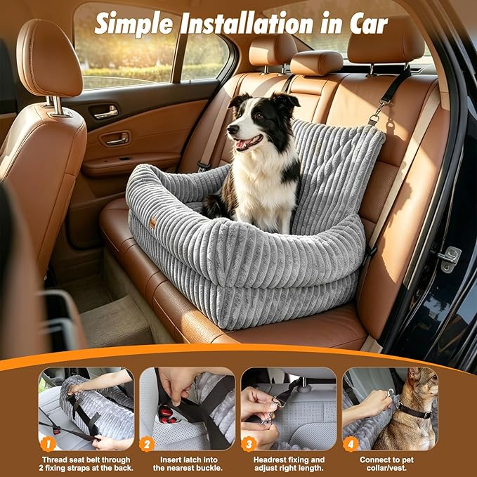 Pawaboo Dog Car Seat, Dog Booster Car Seats with Memory Foam, Thickened Cushion & Washable Removable Cover, Pet Travel Carseat Bed with Safety Leashes for Medium/Large Dogs or 2 Small Dogs, Gray