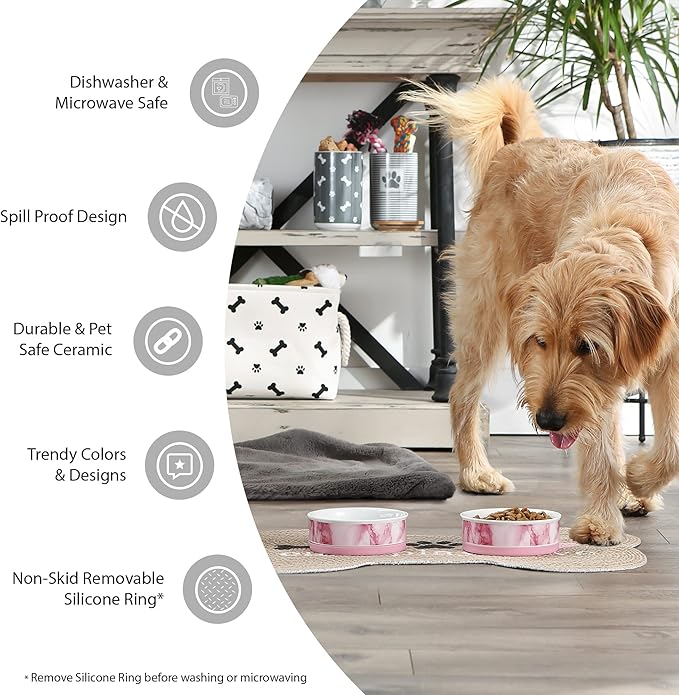 Bone Dry Ceramic Cat Bowls, Microwave & Dishwasher Safe, Large Set, 7.5x2.4, Navy, 2 Count