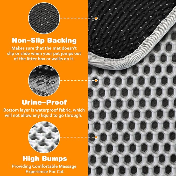 Waterproof Cat Litter Mat, Double Layer EVA, Odor-Free Large Grid, Urine Proof, Easy Cleanup 27 x 46, Gray