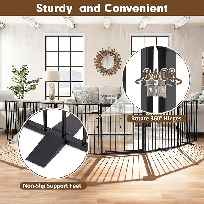 156" Extra Wide Dog Gate, Heavy Duty Metal Freestanding Dog Gate with Door for Indoor & Outdoor, Foldable Pet Fence for Doorways,House,Porch,Deck,Yard,Stairs, Auto Close(6 Panels,Black)