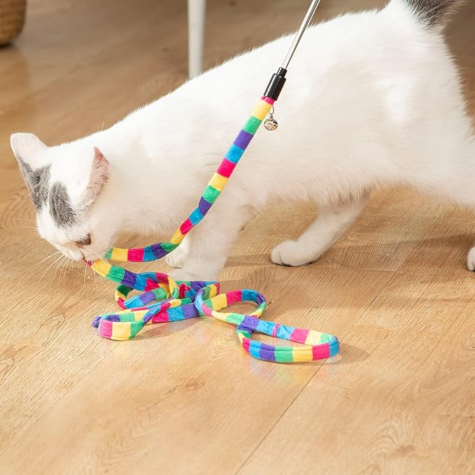 FYNIGO Interactive Cat Rainbow Wand Toys for Indoor Cats and Kittens,Extended Colorful Cat Teaser Wand String Plush Toy,Original Product Strong and Sturdy Pole with Bells(2 Pack)