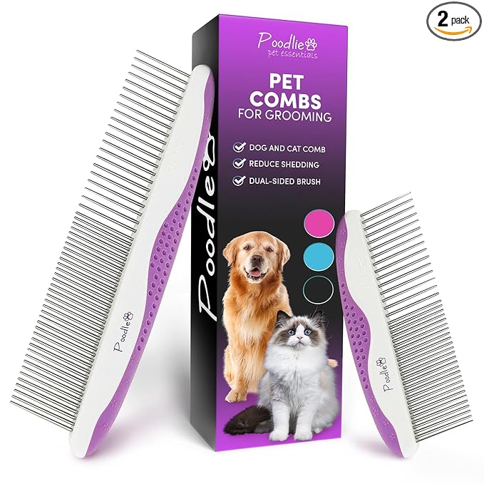 Poodle Pet Dog Combs for Grooming | 2 Pack | Stainless Steel Teeth Easily Remove Dirt | Proper Care Prevents Knots and Mats for Long and Short Haired Pets | Anti-Slip Comfort Grip Handle (Purple)