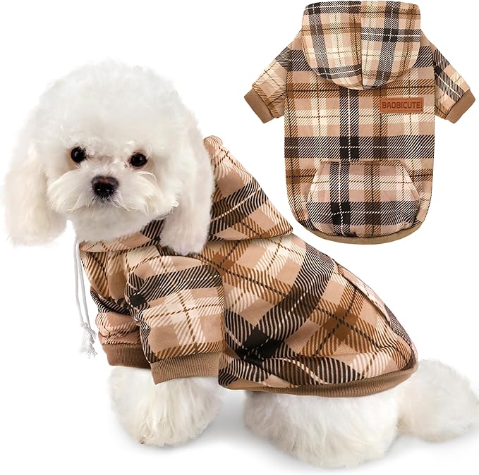 Dog Basic Hoodie Soft Dog Clothes Cold Weather Sweaters for Medium Large Dogs Cozy Fabric Warm Sweatshirt with Leash Hole for Boys (Khaki Plaid, X-Small (2-5 lbs))