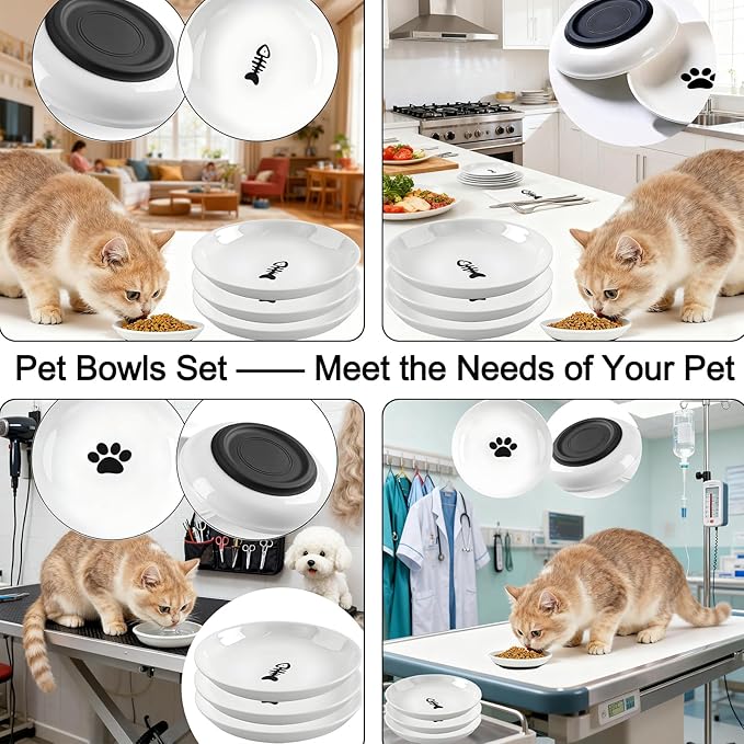 3 Pack Ceramic Cat Food Bowls Non Slip Cat Plates Anti Whisker Fatigue Healthy Ceramic Cats Dishes Set for Indoor Shallow Wide Kitten Plates for Food and Water, Pet Dishes for Cats with Rubber Base