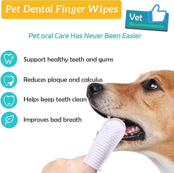 Pet Dental Finger Wipes, Dog & Cat Teeth Cleaning, Plaque Control & Breath Freshening, Regular Size, Suitable for Pet Toothbrushes (50 Count)