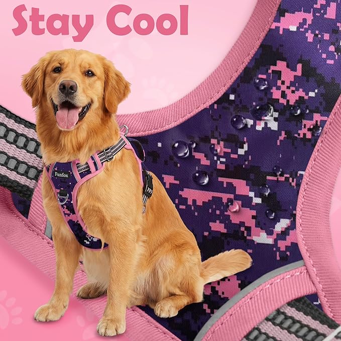 Funfox Dog Harness No Pull, Adjustable Pet Vest Harness, Super Soft Material with Vertical Handle Easy Control, Reflective Night Walking, 2 Leash Clips for XLarge Dogs, Mosaic Pink, XL