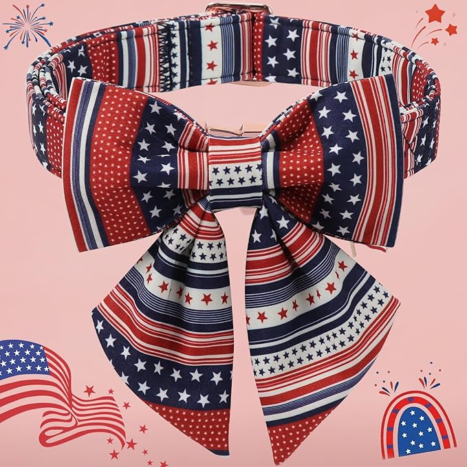 American Flag 4 of July Dog Bow Collar, Independence Day Adjustable Patriotic Dog Collar with Sailor Bowtie for Small Dogs,XS