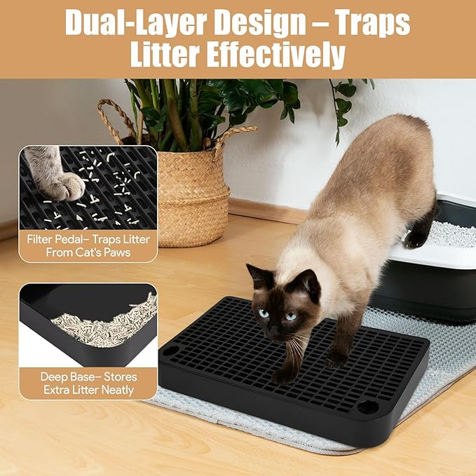 Cat Litter Box Step, Cat Ramp for Litter Box, Double Layered Litter Catcher Mat with Filter Function, Pet Ramp Stool for Kitten & Elderly Cats, Non-Slip & Anti-Litter Tracking, Easy Clean (Black)