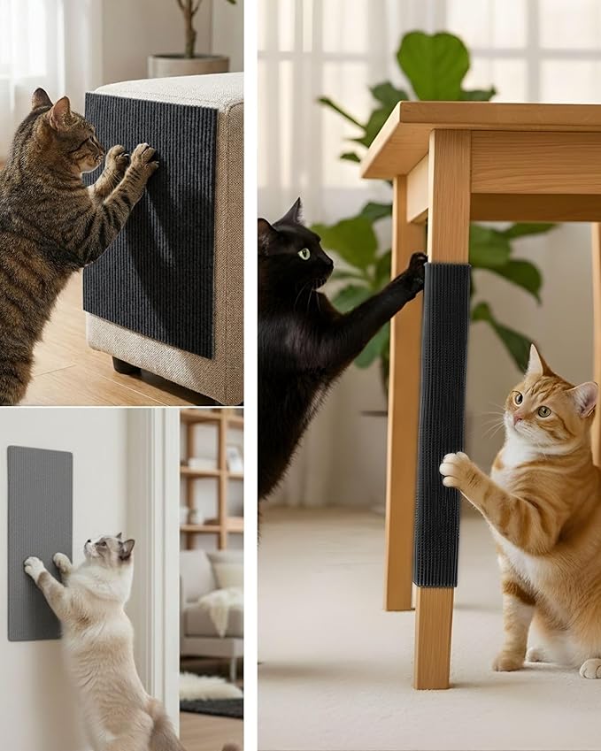 Corner & Wall Cat Scratch Mat, Self-Adhesive Trimmable Cat Scratcher, Wall Mounted Scratching Pad for Indoor Cats, Sofa Furniture Protector, Cat Post Cover Replacement (Black, 23.6''x11.8'', 3-Pack)