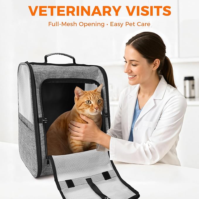 Pet Carrier for Cat - Stable Wide Base Cat Backpack Carrier with Airy Design, Escape-Proof Safety, Night Reflective & Multi-Pocket Storage