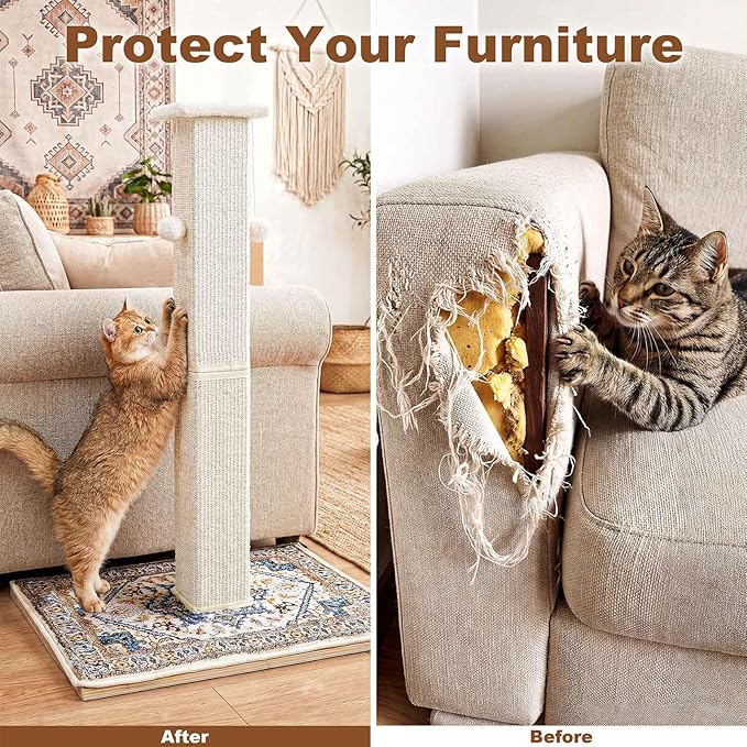 Tall Cat Scratching Post for Indoor Cats Adults, 33'' Large Cat Scratch Post with Perch, Cute Cat Scratching Post with Boho Carpet ＆ Dangling Ball Toys, White