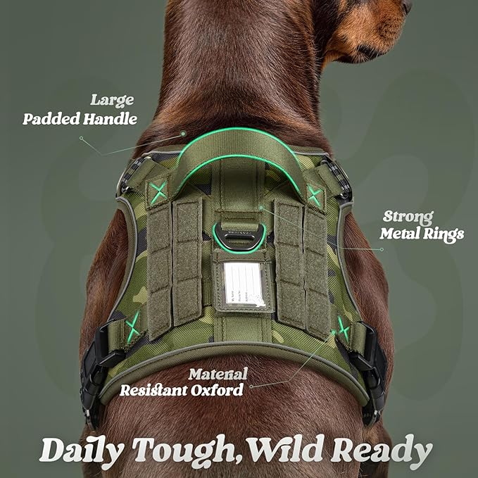 rabbitgoo Dog Harness for Large Dogs No Pull, Tactical Service Pet Vest with Molle and Control Handle, Adjustable and Reflective Military Harness for Easy Walking and Training, Green Camo, L