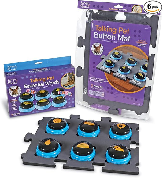 Hunger for Words Talking Pet Bundle - Storage Mat Set for 6 Buttons & Pet Essential Words, 6 Pre Recordable Speech Buttons, Dogs Training and Communication