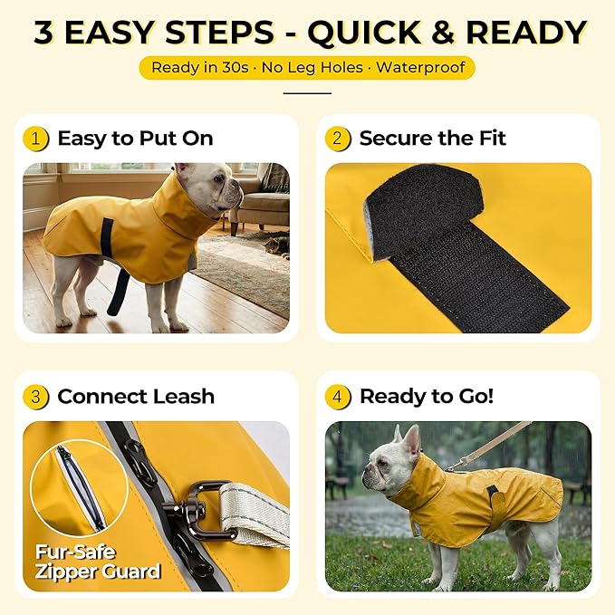 PU Dog Raincoat, Non-Toxic & Odorless Waterproof Vest, Adjustable High Neck and Hook & Loop Belly Closure for Rainy Potty Breaks & Wet Weather Outdoor Walks (Yellow, Medium)