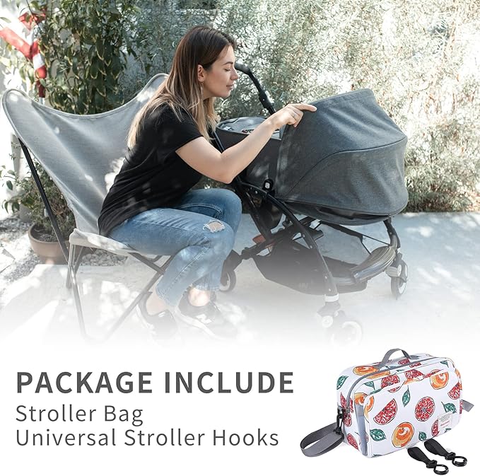 GOGOSO Non-Slip Stroller Organizer Bag for Diapers with Insulated Pocket, Stroller Hooks and Adjustable Strap,Universal Fit Most Strollers, Fruits
