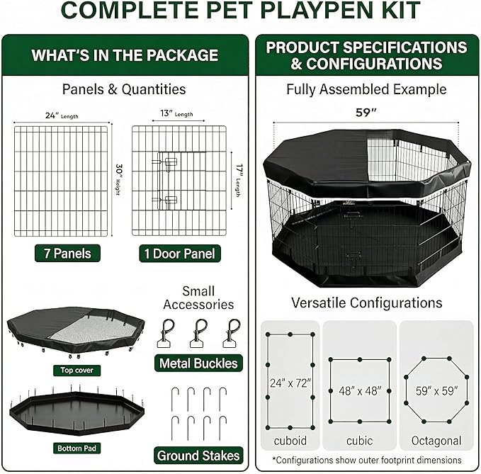 PJYuCien Octagonal Dog Playpen with Top Cover and Bottom Pad - Metal Foldable Exercise Pen, 8 Panels 30" H x 24" W Indoor Outdoor Pet Fence Puppy Crate Kennel, Black