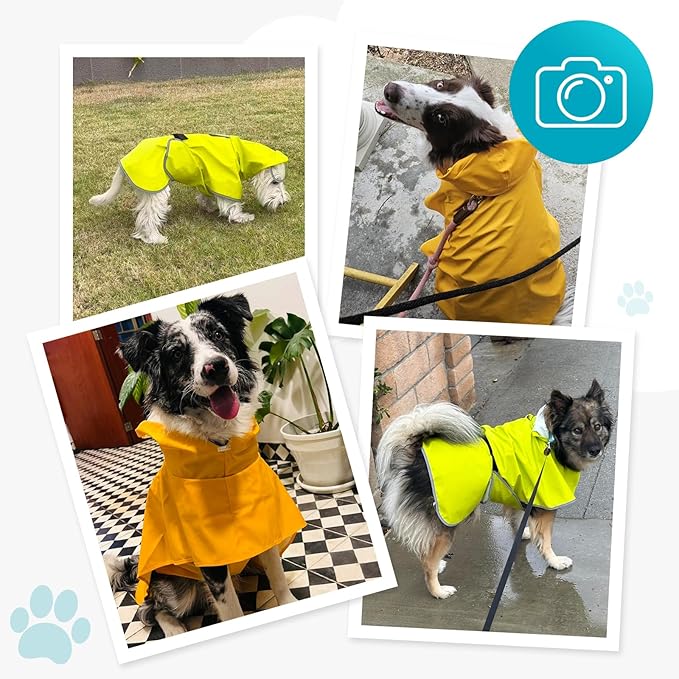 Dog Raincoat, Waterproof Windproof Dog Rain Jacket with Hood, Rain Coat with Leash Hole, Adjustable Raincoat Poncho for Small Medium Large Dogs Outdoor (Blue, L-)