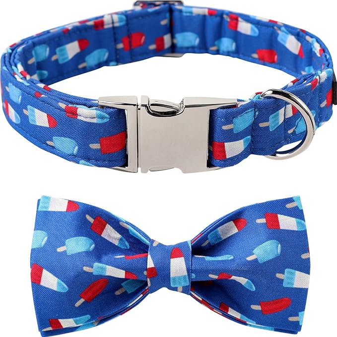 Lionet Paws Patriotic Dog Collar with Bowtie, 4th of July, Soft and Comfortable Adjustable Summer Popsicle Bowtie Collar for X-Large Dogs Male Female Gift, Neck 16-26 inches