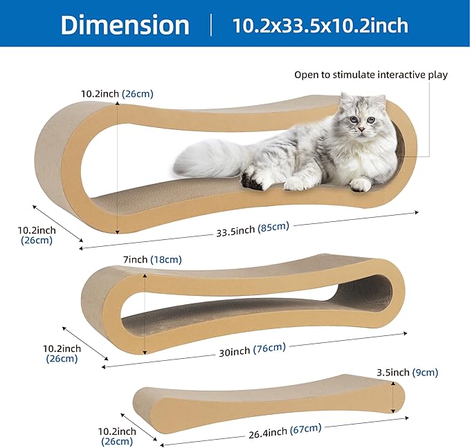 Simple Deluxe 3-in-1 Large Cardboard Cat Scratcher Lounger, 33.5" x 10.2" x 10.2" Infinity Shape Cat Scratching Board, Reversible Corrugated Scratch Pad for Multi-Cat Homes, 100% Recyclable, X-Large