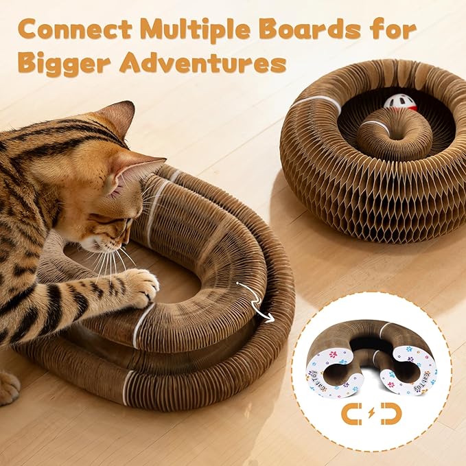 Magic Organ Cat Scratcher Cardboard, Interactive Scratch Cat Toy with Bell Ball, Foldable Scratching Board, Corrugated Cardboard Scratch Pad for Indoor Cats, Round(1PCS)