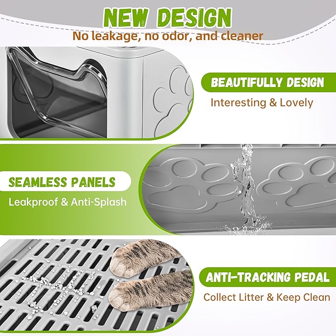 Covered Cat Litter Box with Litter Mat, Foldable Extra Large Dual Entry Adjustable Door, Drawer Design Enclosed Kitty Litter Box, Odor Control Anti-Splashing Easy Cleaning (Pale Grey)