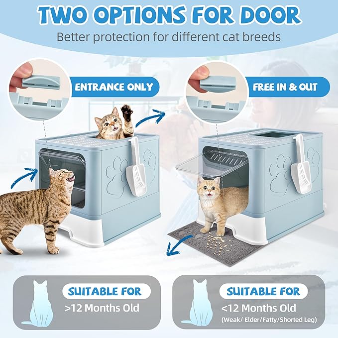 Covered Cat Litter Box with Litter Mat, Foldable Extra Large Dual Entry Adjustable Door, Drawer Design Enclosed Kitty Litter Box, Odor Control Anti-Splashing Easy Cleaning(Blue)