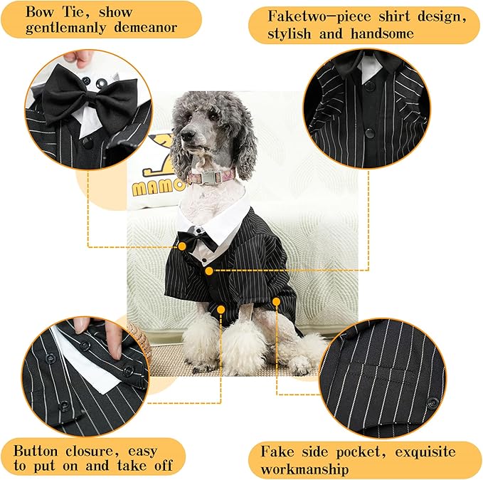 Dog Tuxedo Wedding Suit Shirt with Bow Tie, Formal Outfit Tux Attire for Puppy Small Medium Dogs Cats Costume (Pinstripe Black, X-Large)