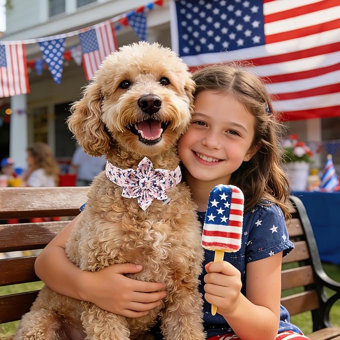 4th of July Independence Day Dog Collars with Flower, Pink Blue American Flag Star Dog Collar, DOGWONG Pink Girl American Flag Dog Collars for Medium Dogs,M