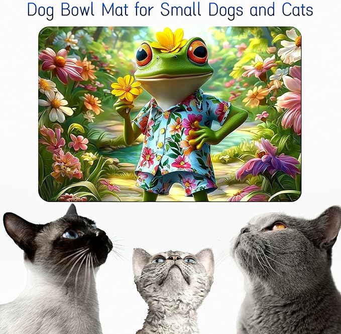 Dog Food Mat, 19.6" x 23.6" Absorbent Pet Feeding Mat for Food and Water, Waterproof Diatom Mud Pet Placemat with Non-Slip Rubber Backing, Cat Bowl Mat for Floors - Frog Flower Summer